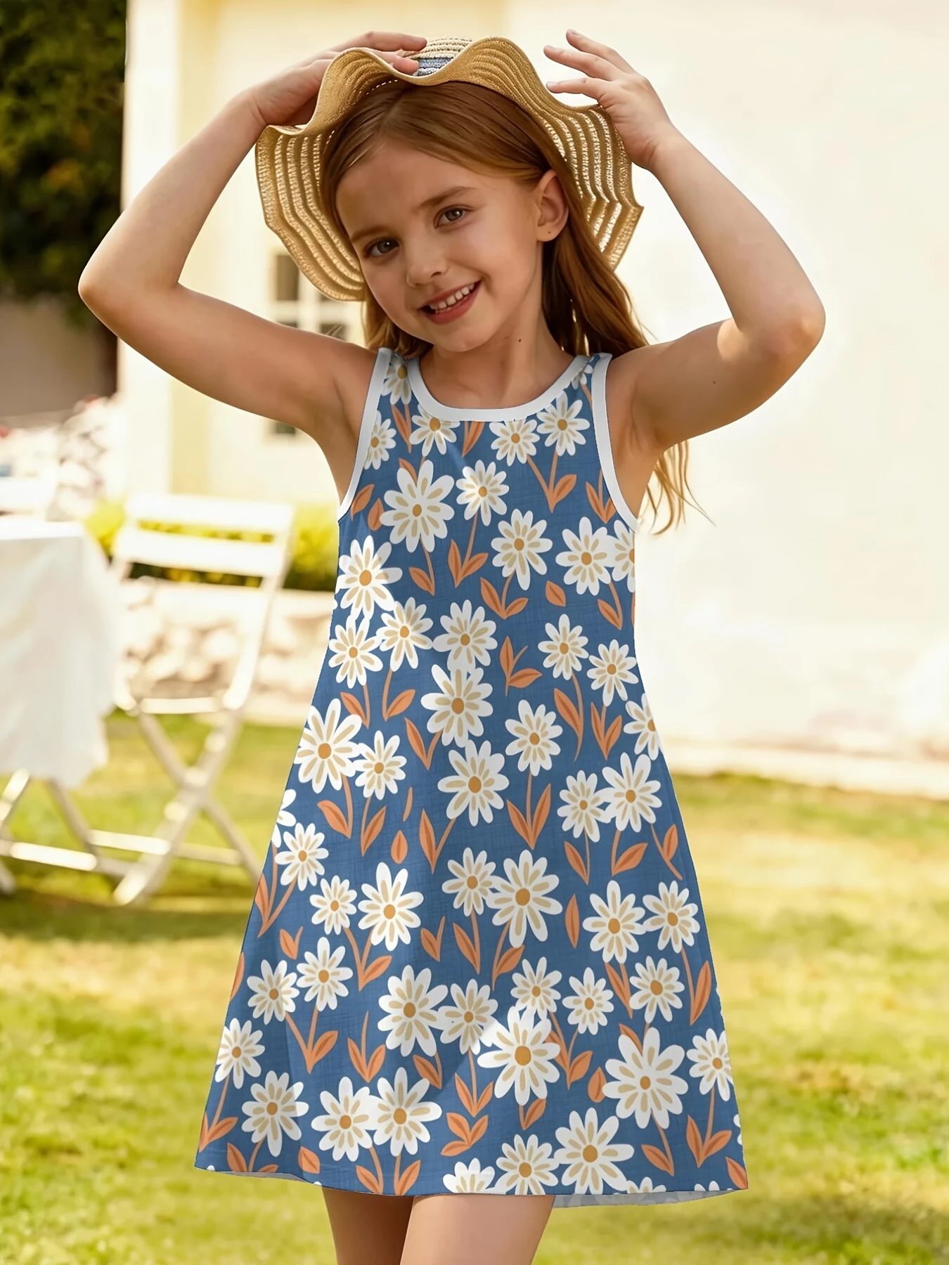New Kids Sleeveless Tank Sundress Ethnic Floral Folk Print Soft A‑Line Cute Outfit for Outdoor and Casual Daily Summer Wear