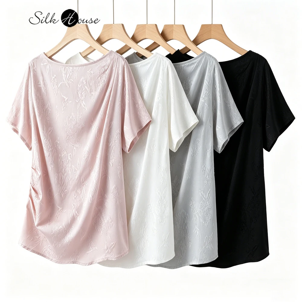 

Women's Casual Summer New Artistic Breathable 100% Natural Mulberry Silk Guanle Crepe One Neck Short Sleeved Solid Color T-shirt