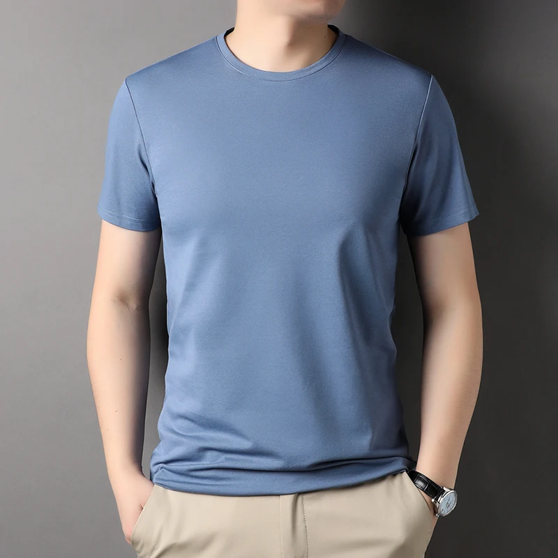 Top Grade 2.5% Mulberry Silk New Summer Brand Tops Crewneck Tshirt Men Plain T-Shirt Short Sleeve Casual Fashion Mens Clothing