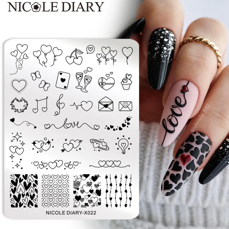 NICOLE DIARY Heart Love Nail Stamping Plates Image Template English Letter Geometry Line Printing Stencil Nail Art Manicure Tool