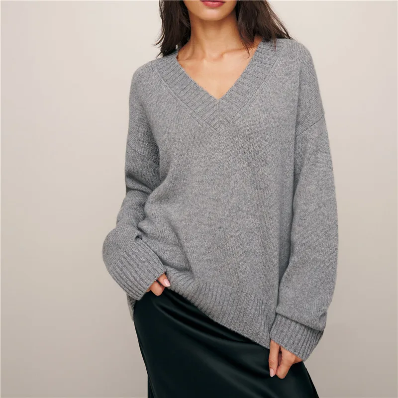 100% pure wool sweater autumn/winter new casual solid color knitted Tops V-neck women's loose pullover base Blouse