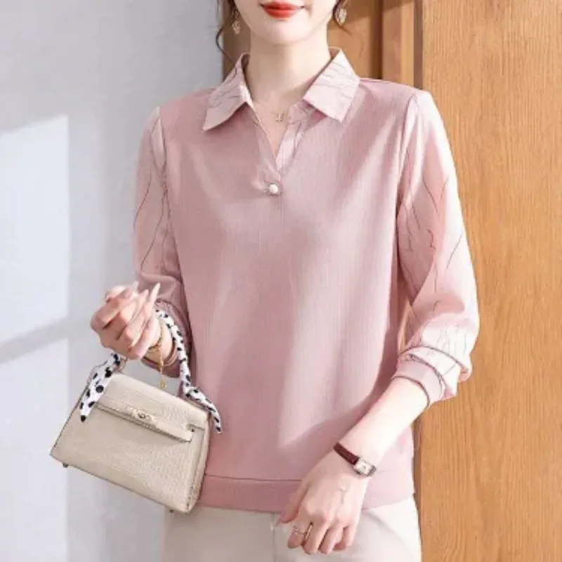 Elegant Middle Aged Women Autumn Lapel Collar Long Sleeve Blouse Thin Loose Fashion Mom Top Daily Wear Shirt