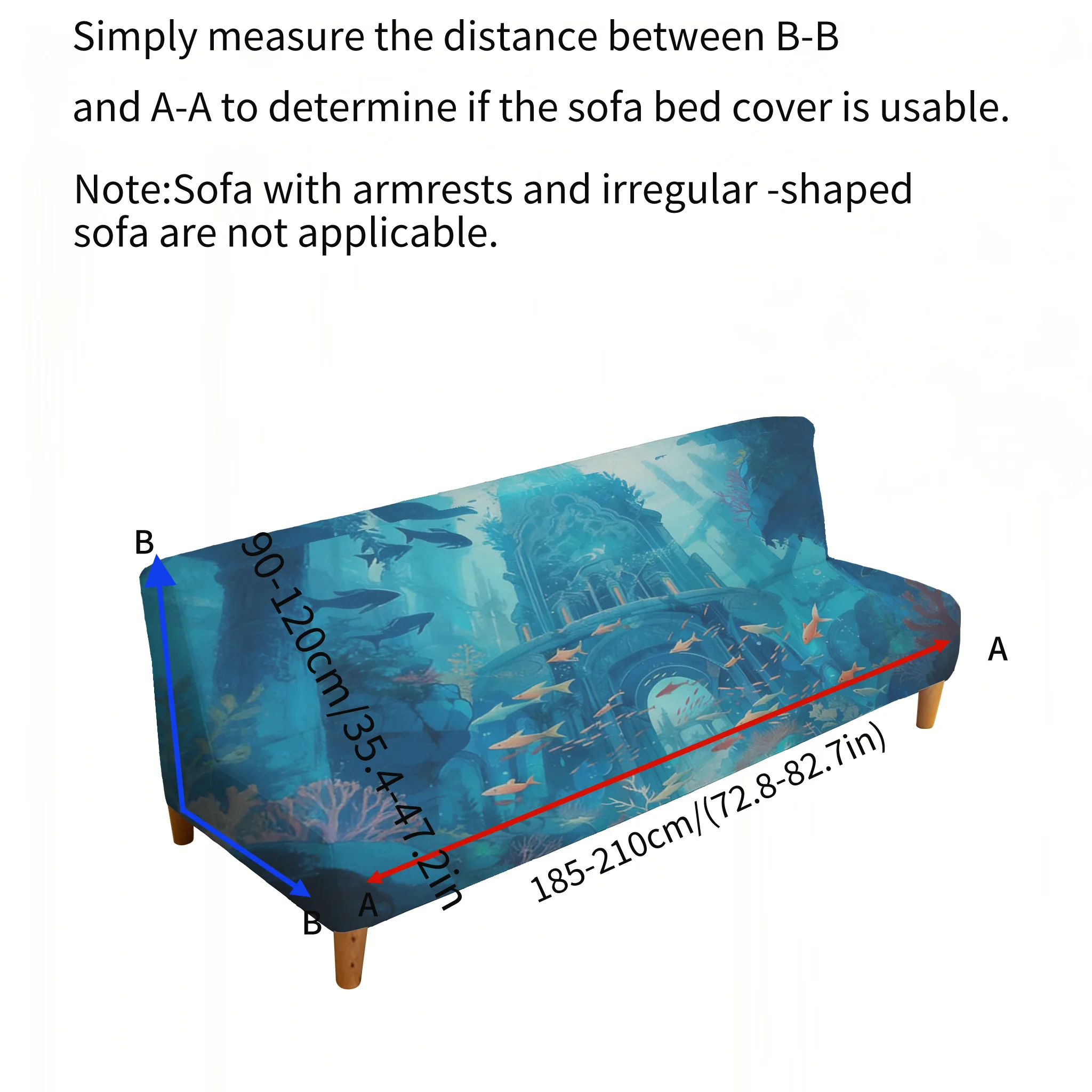 Armless stretch sofa bed cover, underwater world print pattern, dustproof machine washable sofa bed cover