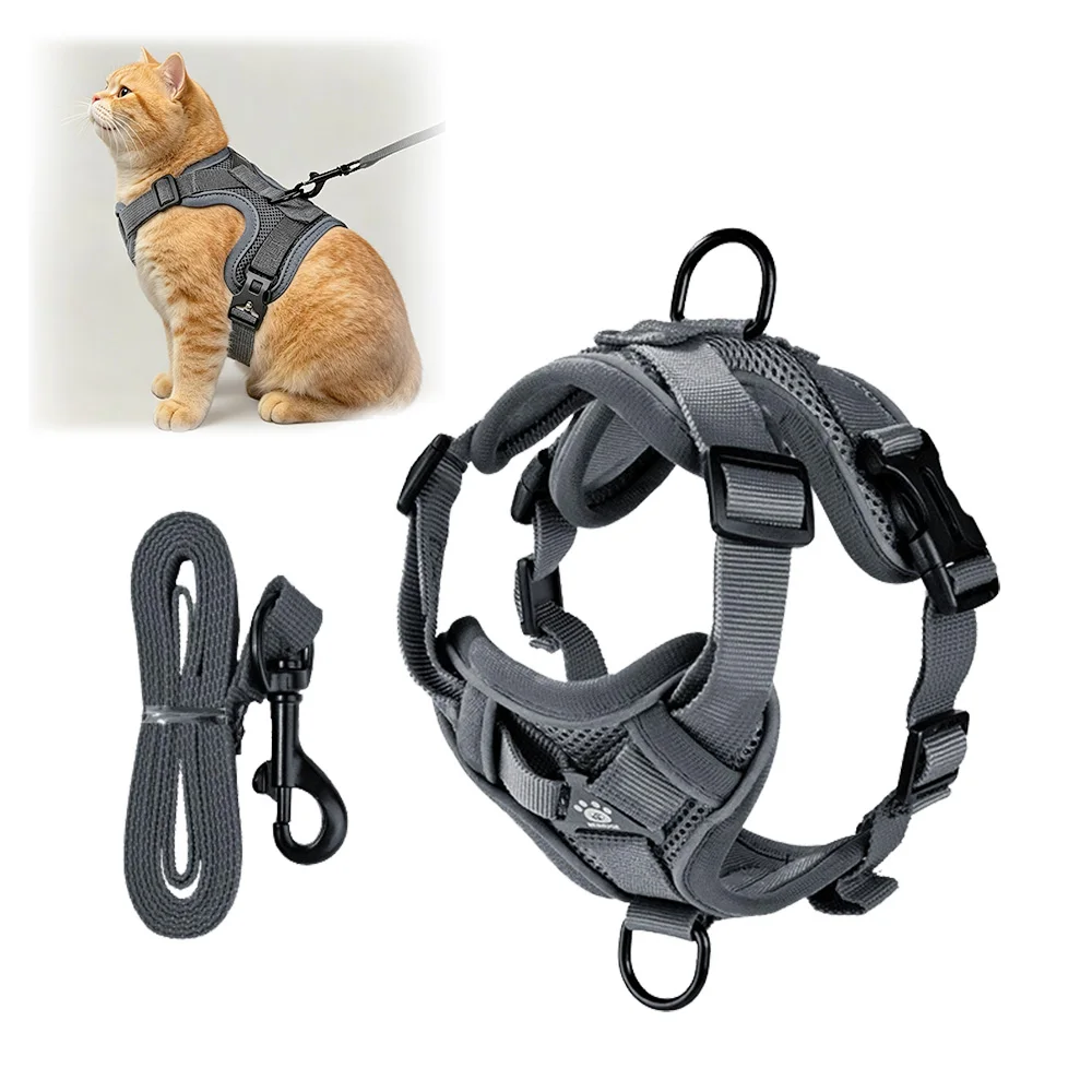 Cat Harness, Cat Harness and Leash for Walking, Adjusted in Four Directions and Breathable Cat Harness for Anti Escape that can be Fitted and Positioned, Reflective Strips Harness
