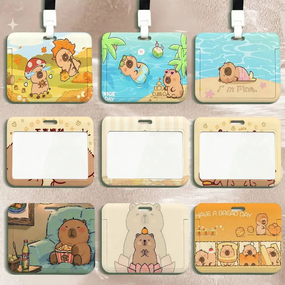Cartoon Cute Capybara ID Card Sleeve Durable Work Card Holder With Neck Strap Business ID Cover For Employees