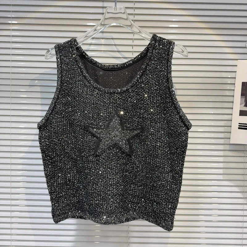 

BORVEMAYS 2024 Summer New Sleeveless V Neck Patchwork Sequins Five-pointed Star Decorate Knitting Tank Tops Women WZ8385