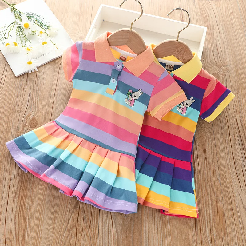 Girl's Summer fashion cute short sleeve  cartoon  rabbit embroidered rainbow strip baby girl princess dress