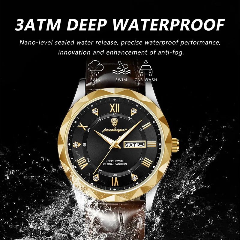 Brand Luxury Watch Men Sport Luminous Clock Waterproof Quartz Wristwatches For Man Fashion Leather Strap Gold Watch Reloj Hombre