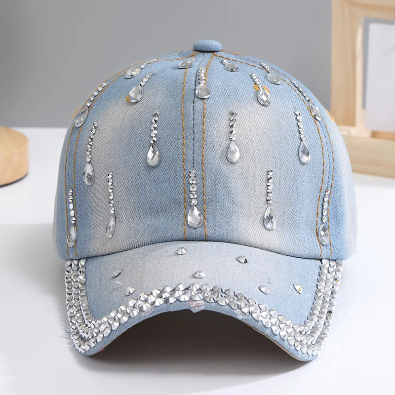 Baseball Cap for Women Sequins Rhinestone Droplets Casual Sports Cap Female Denim Cloth Adjustable Hat Sunshade Hip Hop