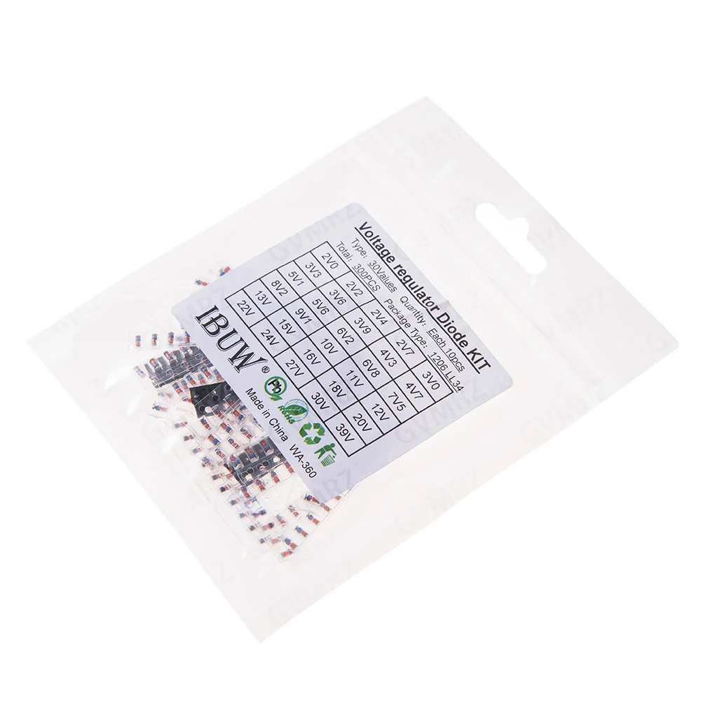 300pcs 30Values LL34 SMD Zener Diode Package Assorted Kit, 1/2W, 2V-39V, 2V2 2V4 2V7 3V0 3V3 3V6 3V9 4V7 5V1 5V6 9V1 18V 20V 39V