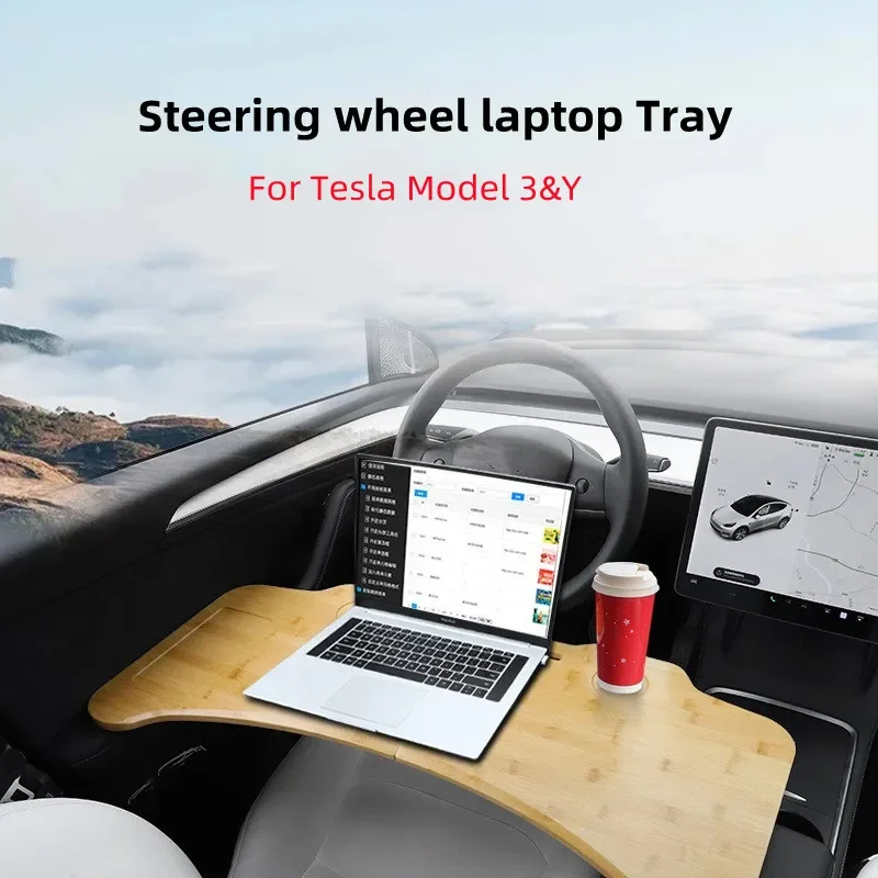 

Folding Car Laptop Table Steering Wheel Tray for Working Eating Wood Food Drink Coffee Desk For Tesla Model 3&Y Accessories