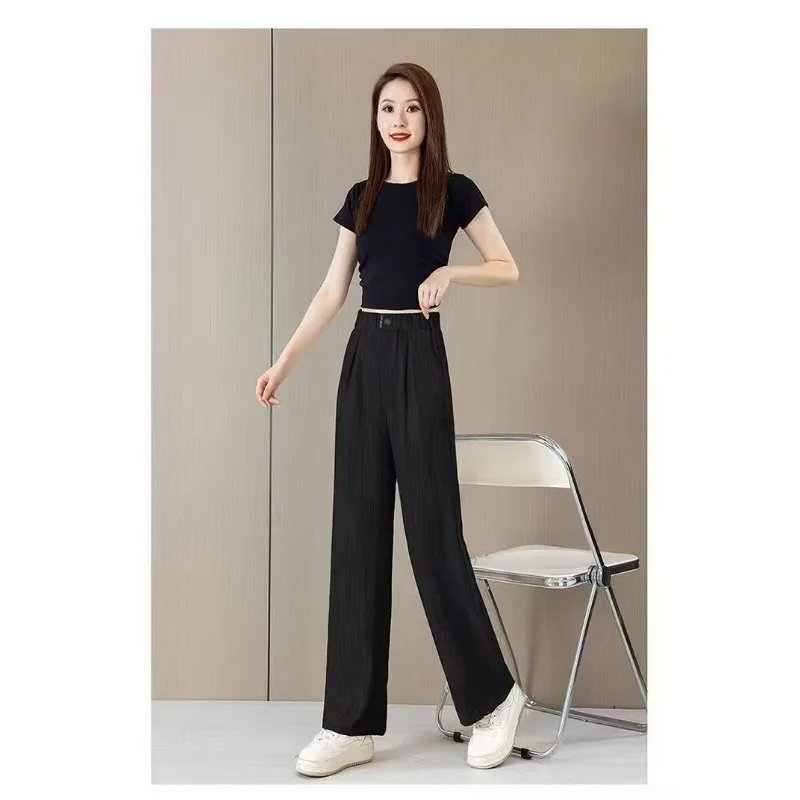 

Women High Waist Ice Silk Narrow Wide Leg Pants Loose Straight Casual Trousers For Petite Figures