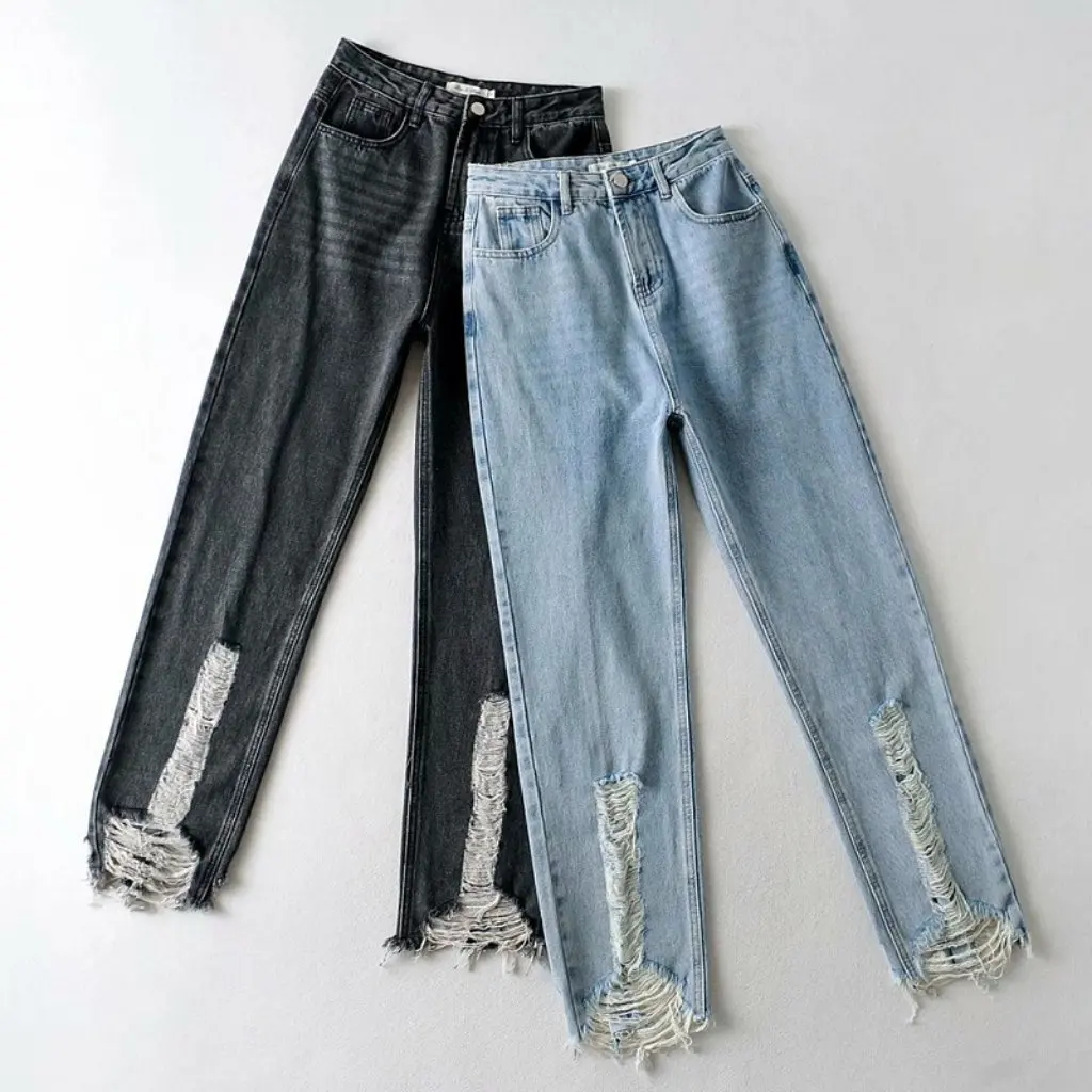 YPFF Calça jeans feminina cintura alta emagrecedora reta moda europeia americana verão redução de idade com rebarbas e buracos