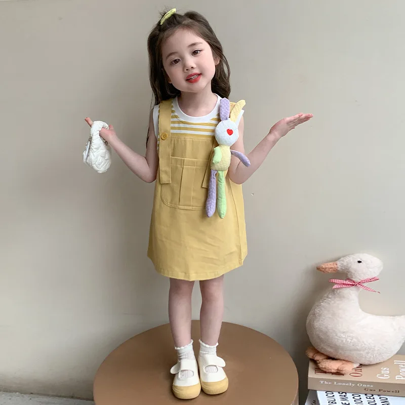 

Girls' Summer 2025 New Striped Splicing Cotton Rabbit Doll Fake Two piece Strap Dress