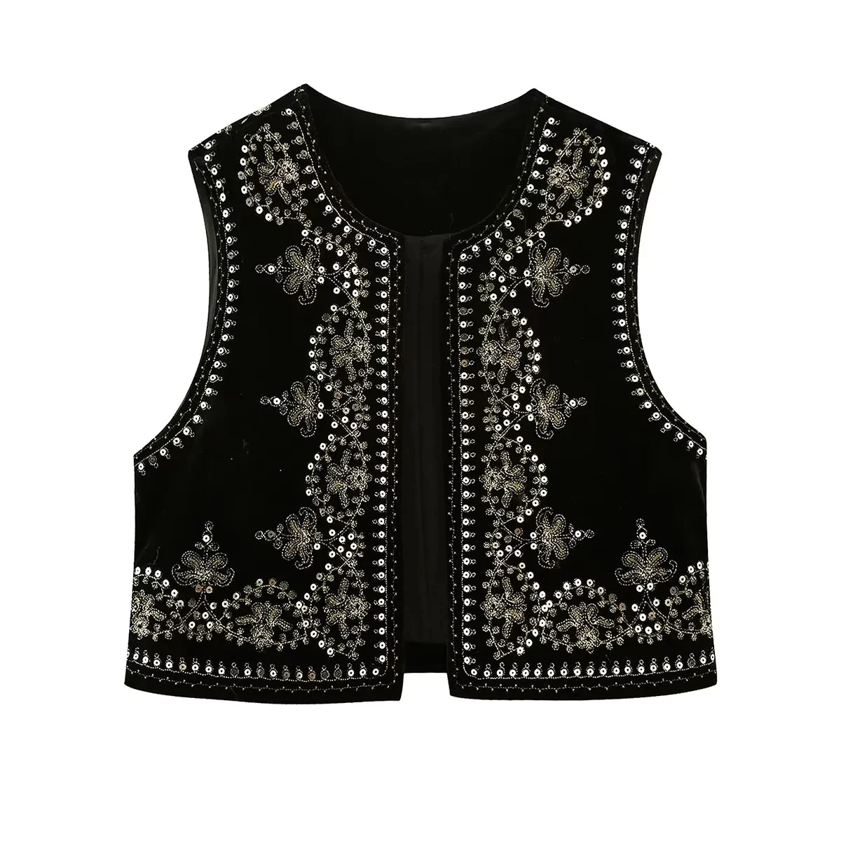 TRAFZA Vintage Autumn Velvet Embroidery Vest Jackets Women V Neck Sleeveless Black Waistcoats Female Fashion 2023 Mujer Tops