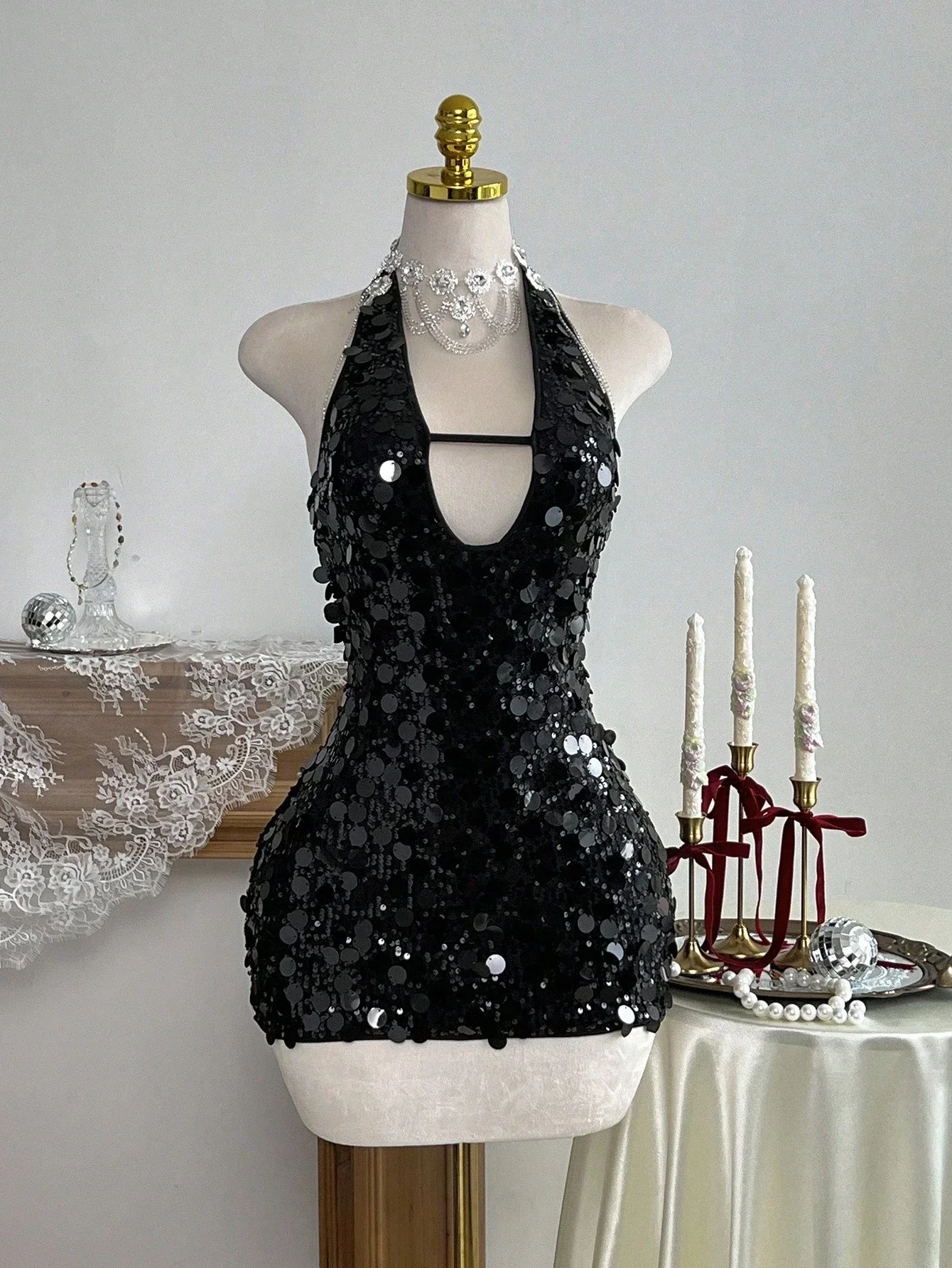 

Halter Neck Sequin Mini Dress With Cutout Detail And Choker For Party Evening