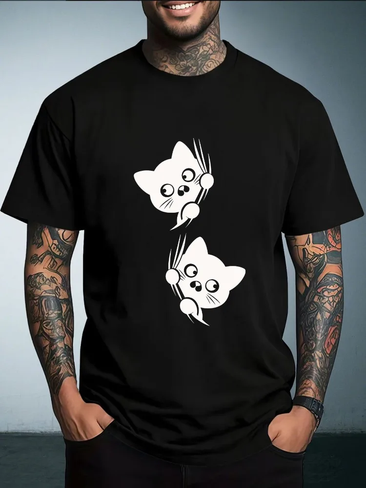 Men Summer Crew Neck T Shirt Double Cute Black Cat Scratch Silhouette Graphic Loose Short Sleeve Casual Streetwear Daily Tops