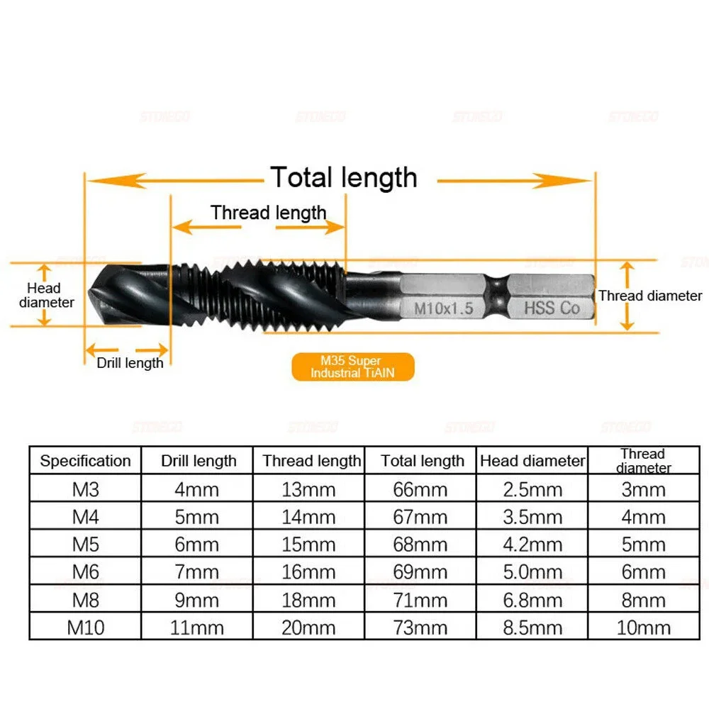 STONEGO M35 TiAlN Coated Combination Drill Tap Bit Countersink HSS-Co Taps Metric Combination Bit Hex Shank M3 M4 M5 M6 M8 M10