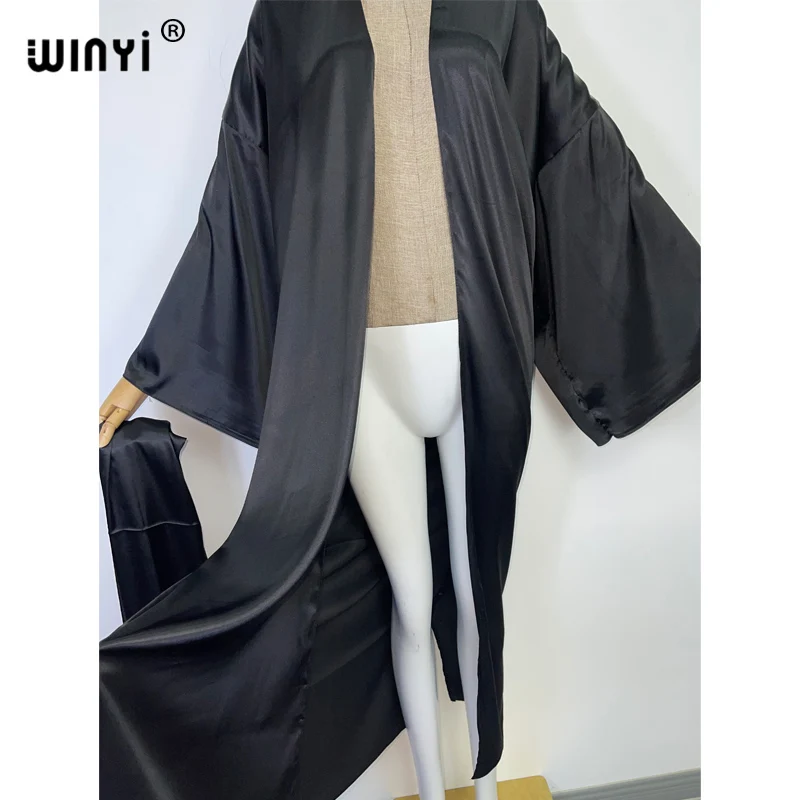 2022 NEW WINYI Pure black Beach Outing Holiday Cover-Up sweet lady boho coat Self Belted sexy Holiday long Sleeve Kimono kaftan