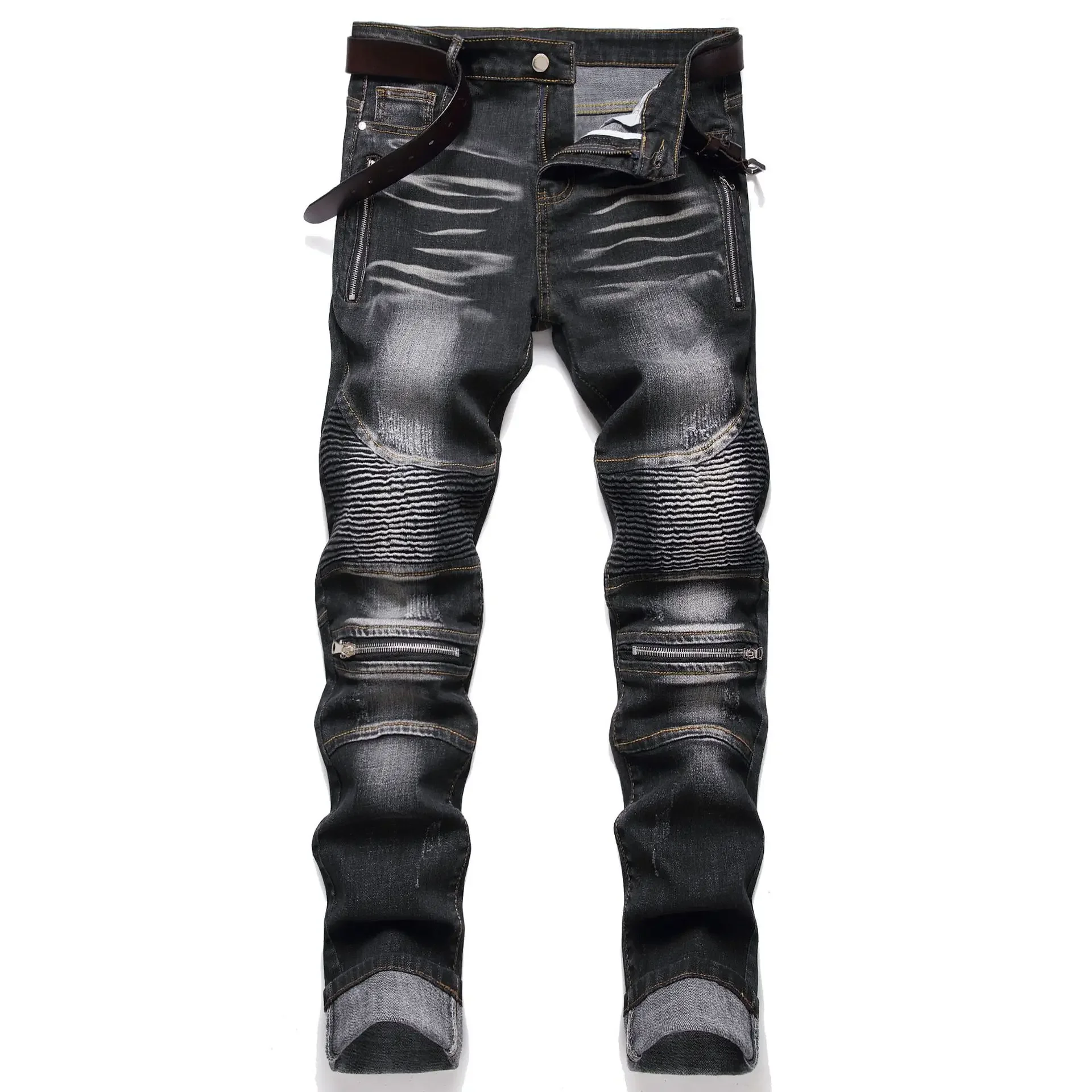 

Jeans Men Vintage Distressed Pencil Pants Mid Waist Zipper Pockets Slim Ankle Length Trousers Straight Denims 2024 Streetwear