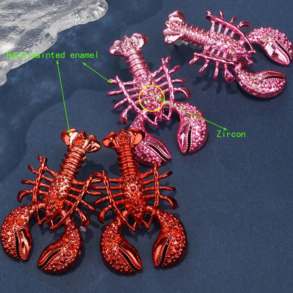 Funny Metal Red Lobster Studs Earrings for Women Girls Lovely Animal Beach Big Dangle Statement Party Jewelry
