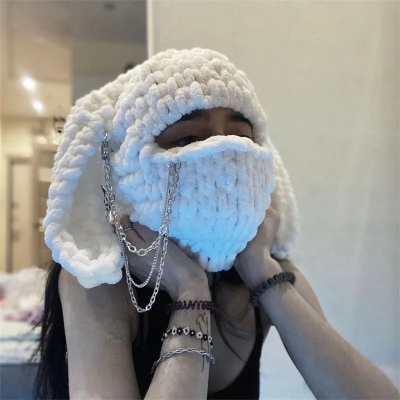 Women\'s Bomber Hats Winter Plush Hat Cute Balaclava with Bunny Ears Funny Hat for Skiing Hiking Autumn Creative Warm Beanies