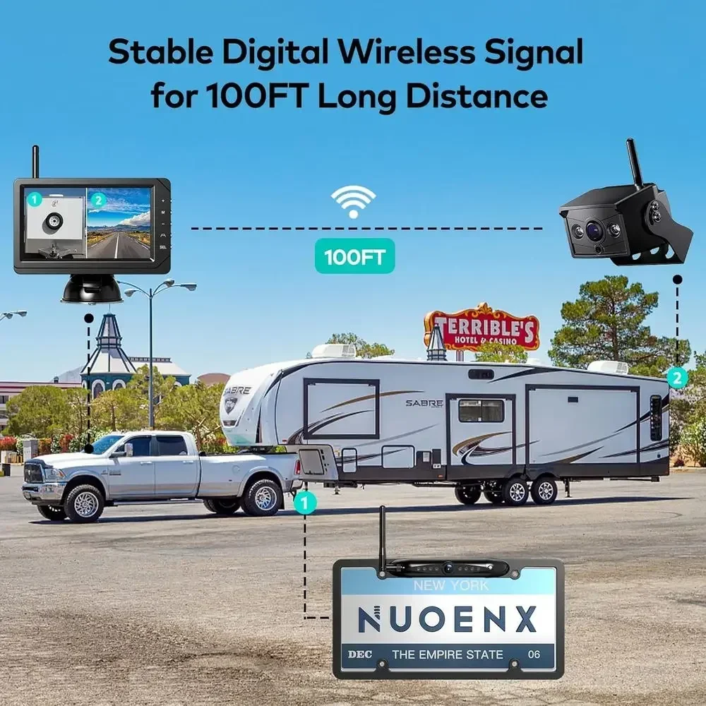 Nuoenx Backup Camera for RV, Split Screen 5 Inch HD Monitor W/Wireless License Plate Backup Camera & Wireless Rear View Camera,