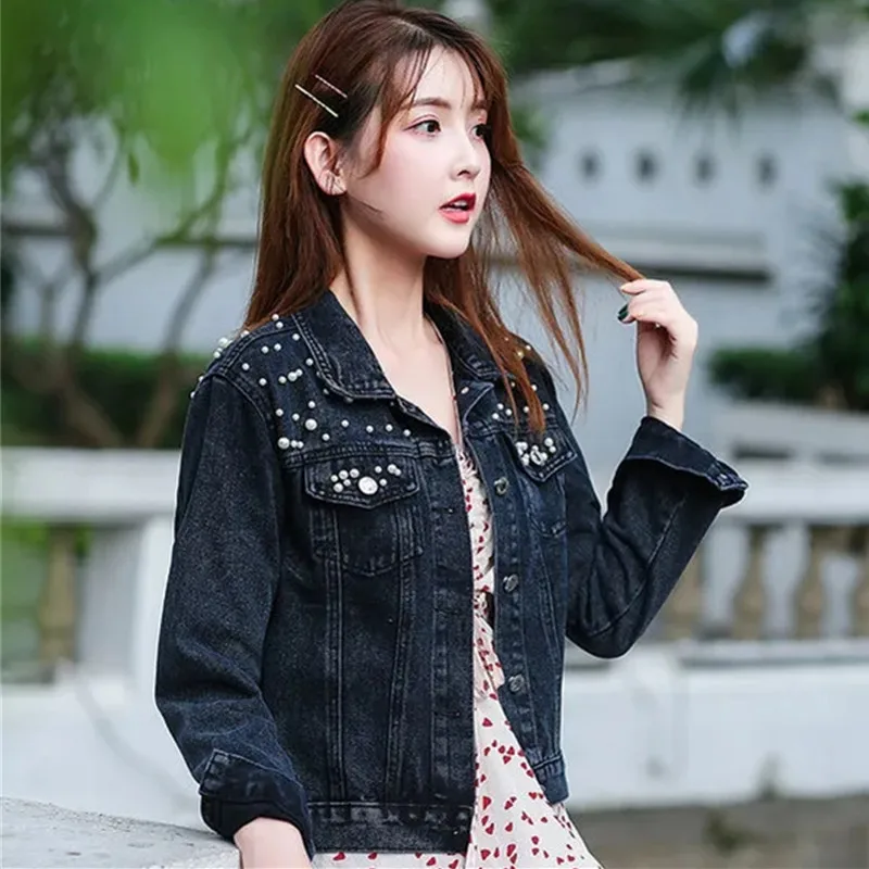 Beading Woman Denim Jacket 2023 Spring Autumn New Streetwear Rivet Long Sleeve Top Casual Beaded Pearls Loose Jeans Coat Clothes