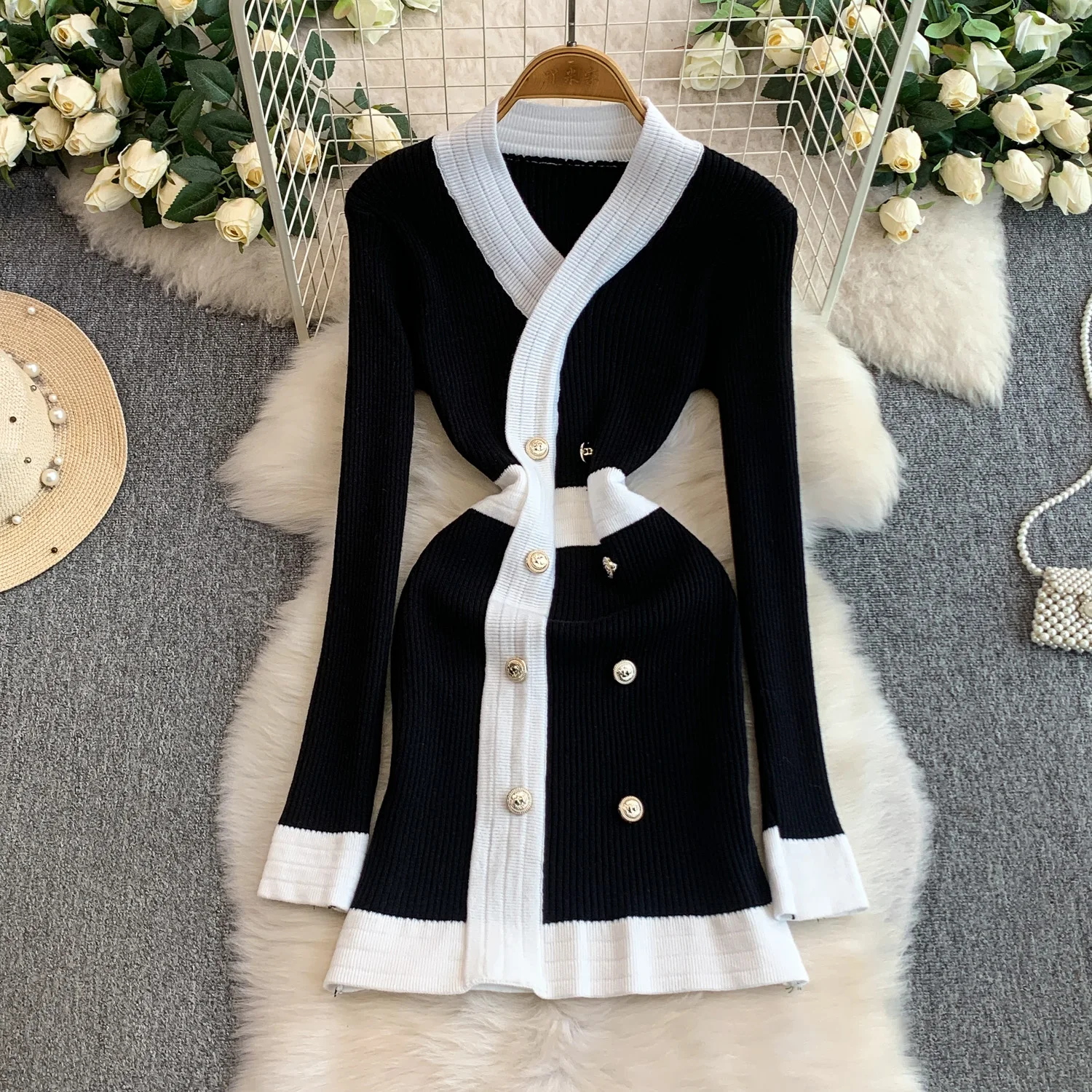 Elegancka sukienka vintage z długim rękawem, dwurzędowa, dopasowana, w stylu koreańskim, boho, letnia sukienka damska.