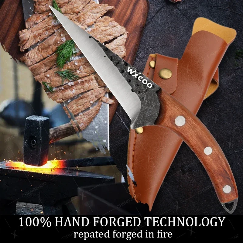 Set di coltelli per disossare forgiati a mano, in acciaio rivestito ad alto tenore di carbonio, per carne, pesce, frutta, coltello da macellaio, coltelli da cucina professionali