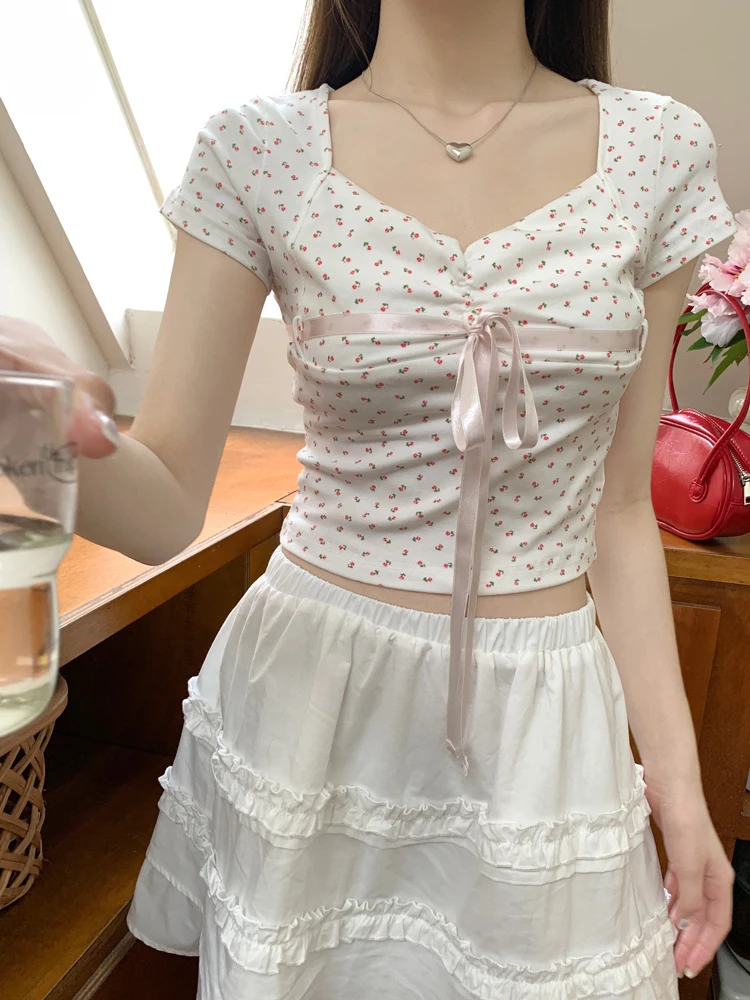 8 Colors Summer 2024 Lace Up Korean style Square Collar Floral Short Sleeve T-Shirts Women Slim Cropped Tops Femme (X3355)