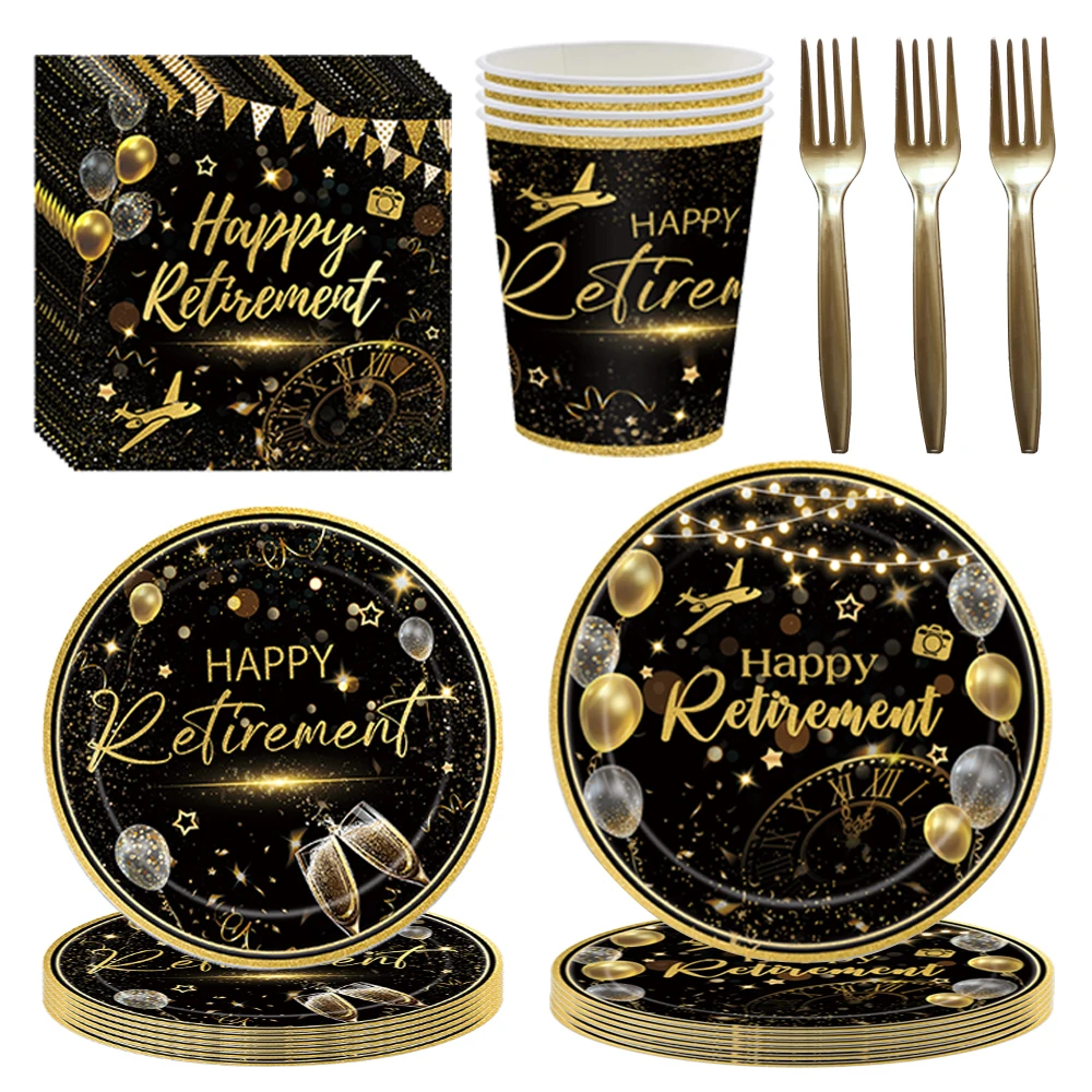 Retirement Party Plates Napkins Tableware Happy Retirement Supplies Women Men Black and Gold Disposable Dinnerware Decoration