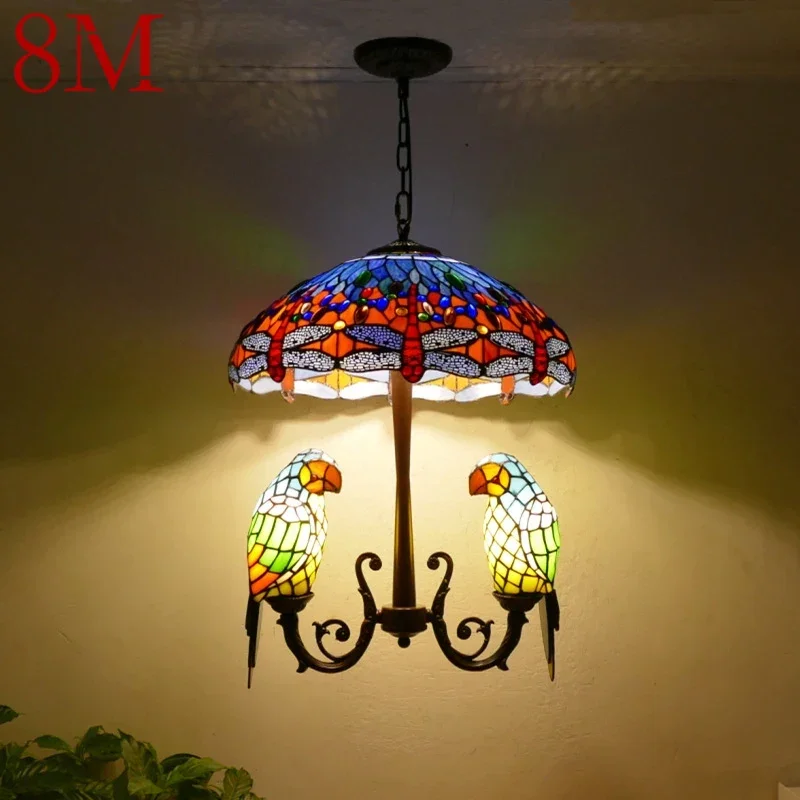 

8M Tiffany Parrot Chandelier Vintage Creative Color Glass Living Room restaurant Bedroom Hotel Corridor Pendant Lamp