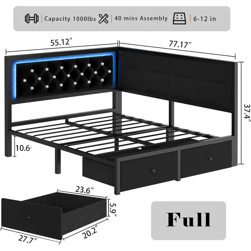 Upholstered Full Corner Bed Frame with Storage Drawers and LED Light Black