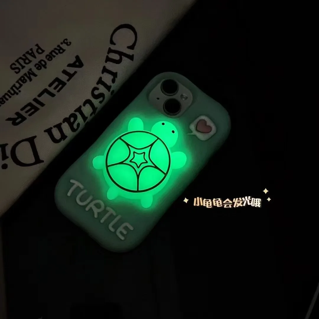 

3D Cartoon Turtle Phone Case For iPhone 16 Pro Max 15 14 13 12 Pro Max 11 Cute Noctilucent Pop Holder Soft Silicone Cover