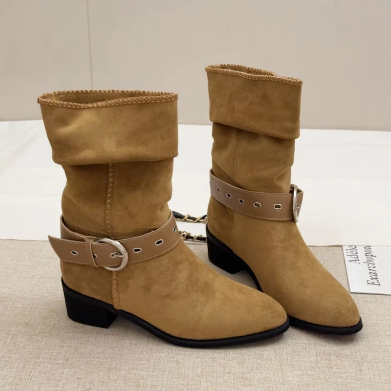 

Retro Womens Faux Suede Western Cowboy Ort Boots Women's Autumn Winter Fashion Booties Pointed Toe Crumpled Booties Comfortable