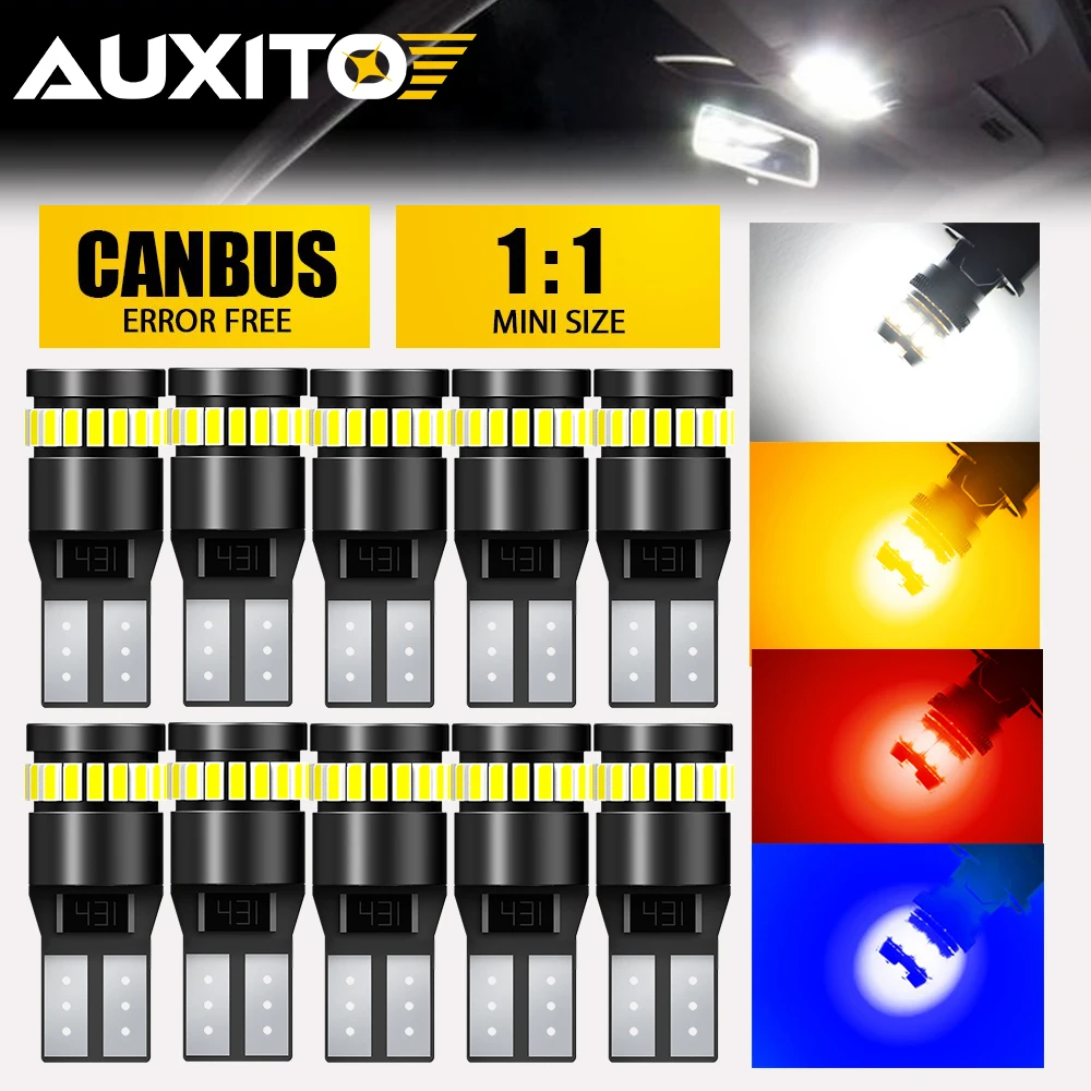 20/10 шт. светодиодных ламп AUXITO Canbus W5W T10 360° 12В для салона, парковки, заднего хода, подсветки номерного знака, белые, желтые, красные, синие