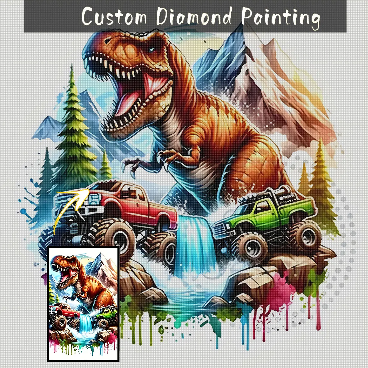 Custom Photo 5D Diamond Painting Kit - Dinosaur Off-Road Truck and T-Rex Monster Truck Scene, Round Drill DIY Handmade Craft, V