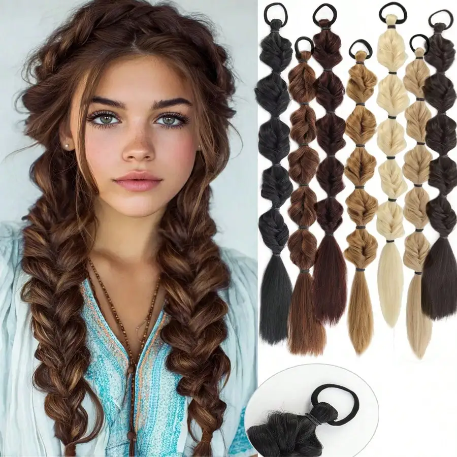 Synthetic fiber long bubble braid 20 inch solid color female ponytail extensions 2/pack European and American fashion headwear h