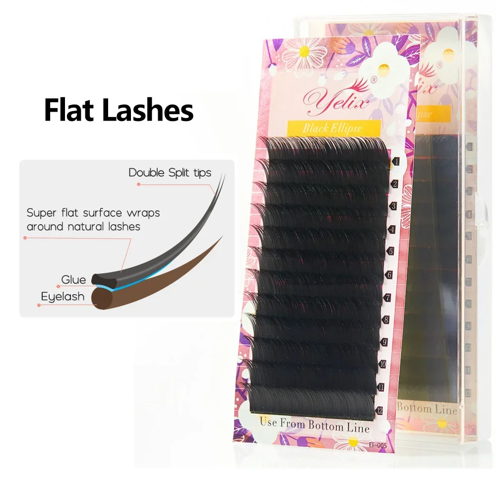 Yelix Cils Ellipse Flat Lashes Mix Soft Two Split-tips Dark Black Eyelash Extension Cashmere Eyelashes Lash Extension Supplies