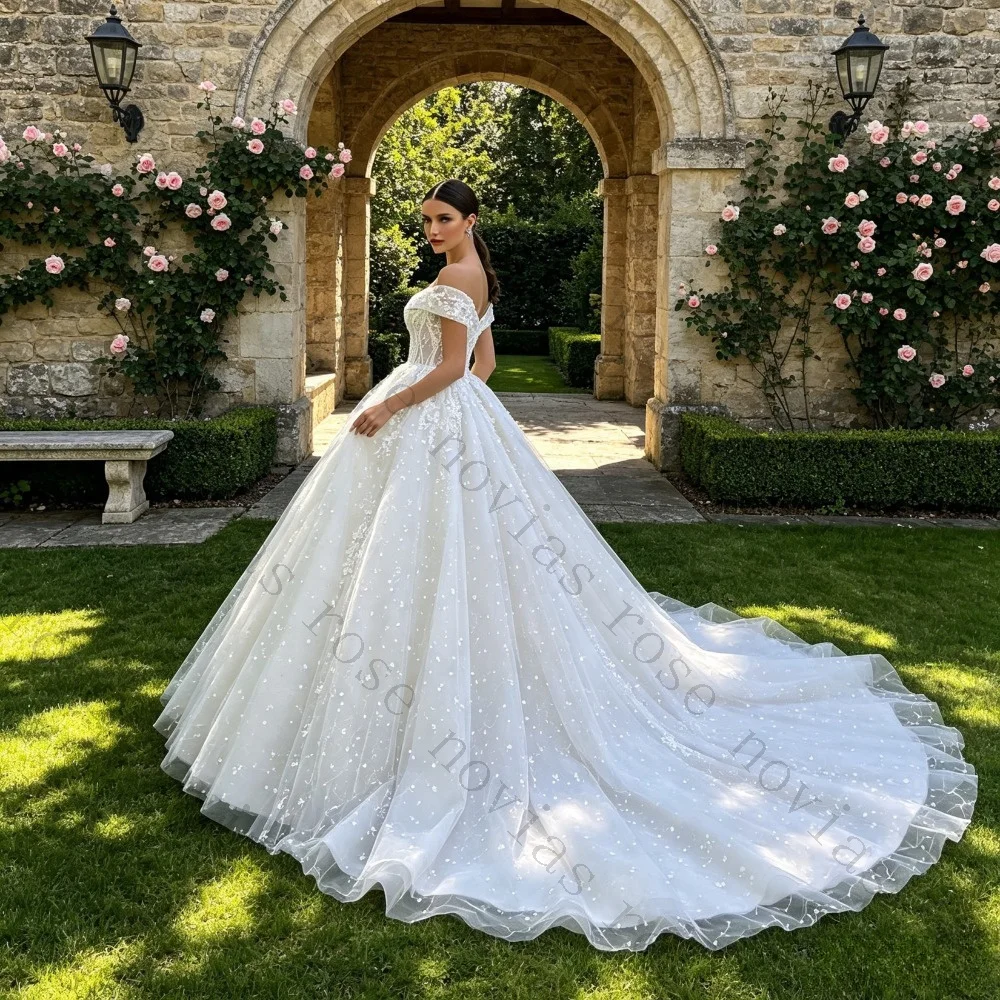 Customized Light Luxury Chiffon Off Shoulder Ball Dress Luxurious Lace Corset Sparkling Ruffles and Fluffy A-line Bridal Gown