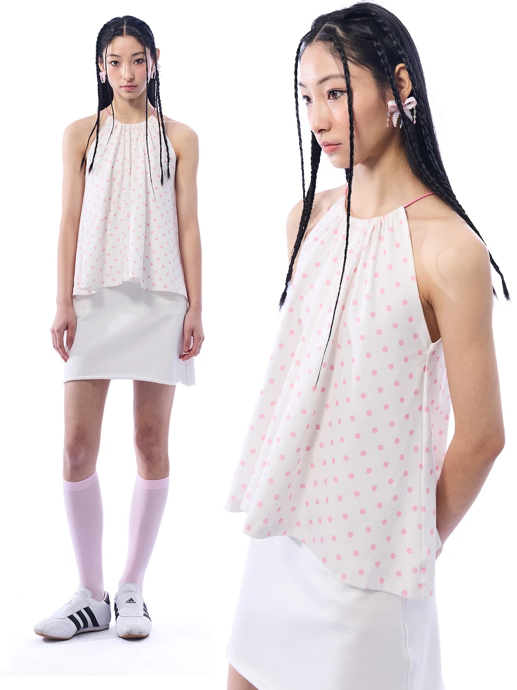 

CHYEESE ZHOU Pink Polka Dot Knitted Loose Strap Vest Sweet Sle Cotton Blend Summer Faion Women's Inner Wear Casual Top