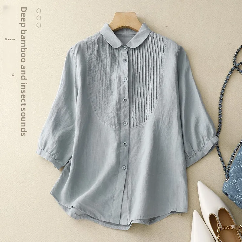 

Ретро-аккордеон со складками из хлопка и льна, женский летний модный молодежный повседневный художественный топ, однотонный универсальный Five Sve