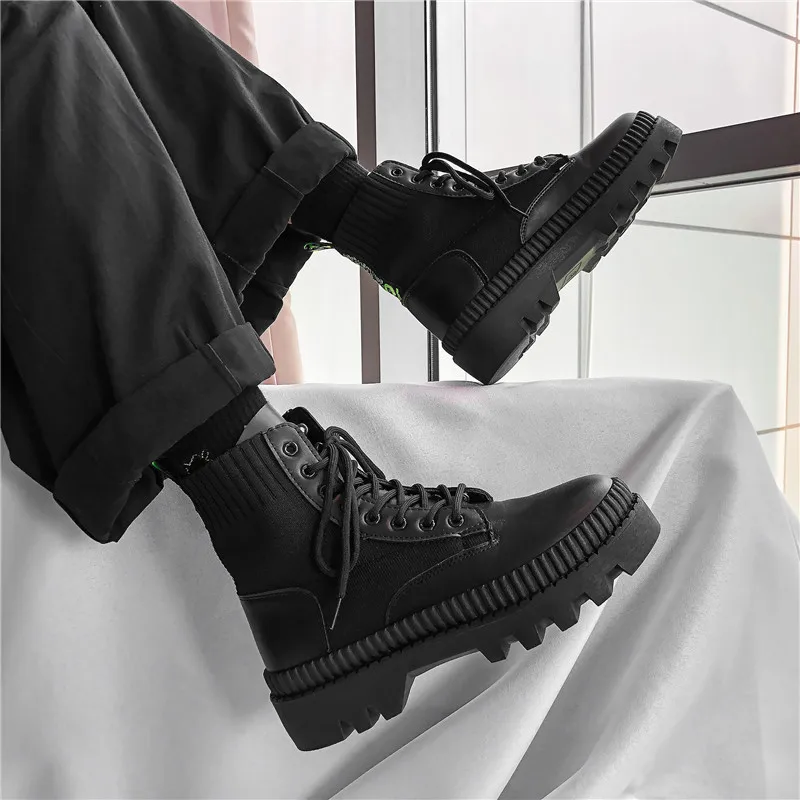 Ankle Boots Men 2021 Autumn Winter Elastic High Top Boots Male Punk Style Shoe Men Lace-up Casual Botas Motorcycle Unisex Boots