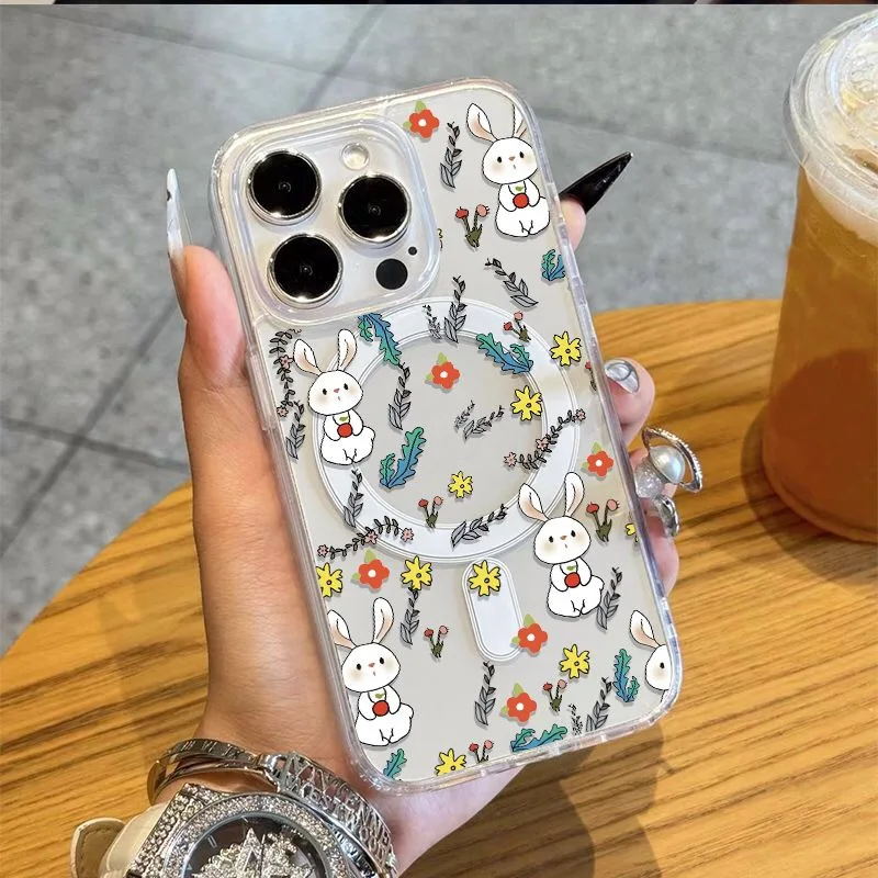 SEIRASSIM cute flowers rabbit Magnetic phone case for iphone 16 pro max 15 plus 14 13 11 12 back cover for iphone xr xs x 7 8 SE