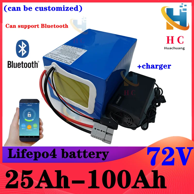 72v 50Ah 60Ah lifepo4 lithium battery 30Ah 72V 40Ah 100Ah 80Ah bluetooth BMS APP for 5000W scooter ebike Motorcycle +charger