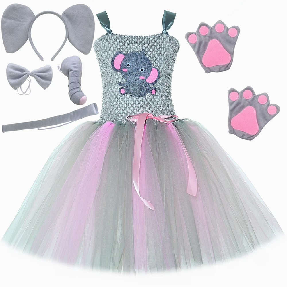 

Grey Pink Elephant Costume Cartoon Animal Tulle Tutu Dress for Girls Jungle Party Carnival Halloween Dress Up Clothes Set