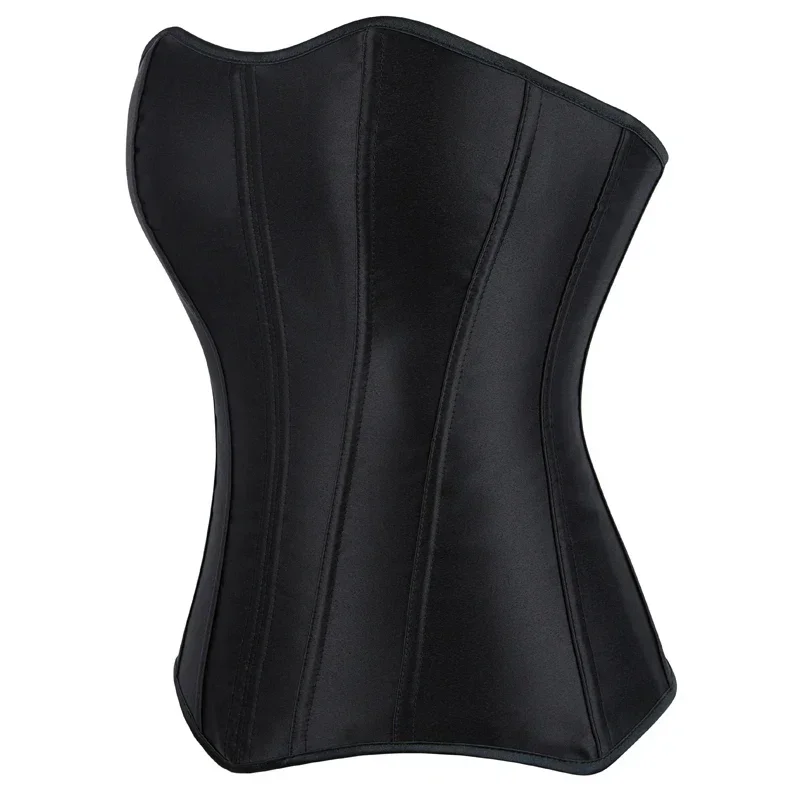 Black Satin Overbust Corset Top for Women  Lace-Up Side Zipper Waist Bustiers Body Shaper Lingerie Long Torso Corselet Mujer