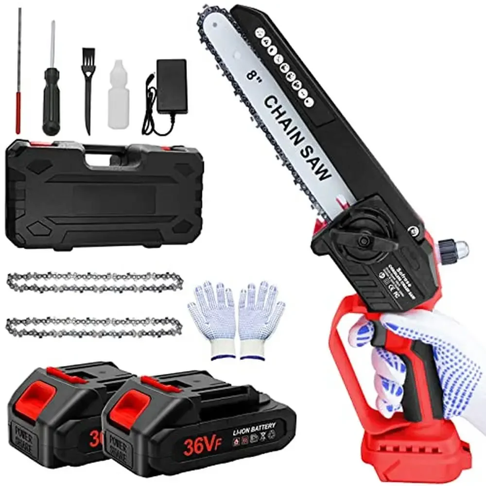 8 Inch Cordless Chainsaw 2023 Upgraded Auto-Oil System 2x2.0Ah Batteries Portable Electric Brushless Motor Highly Efficient