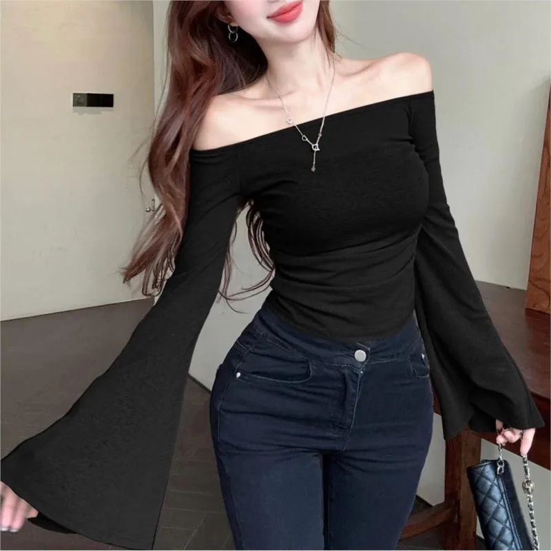 Spicy Girl Shoulder Big Horn Sleeve Bottom Shirt Women's Thin Long Sleeve T-shirt Women's Top Ropa De Mujer Blouses For Women